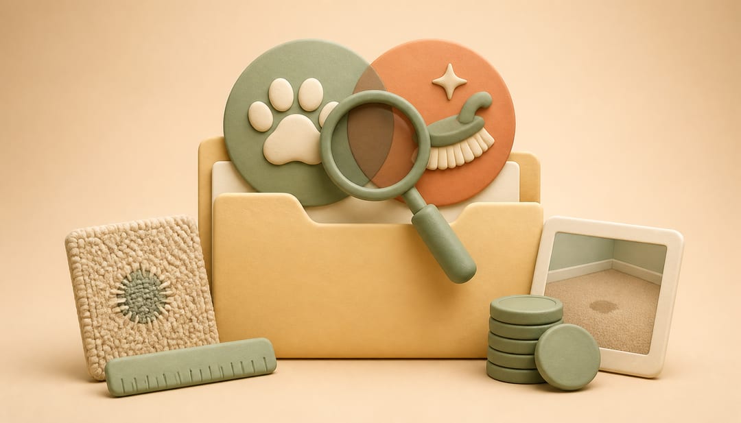 Clay illustration of overlapping pet and general cleaning charges being inspected beside carpet evidence and a security deposit