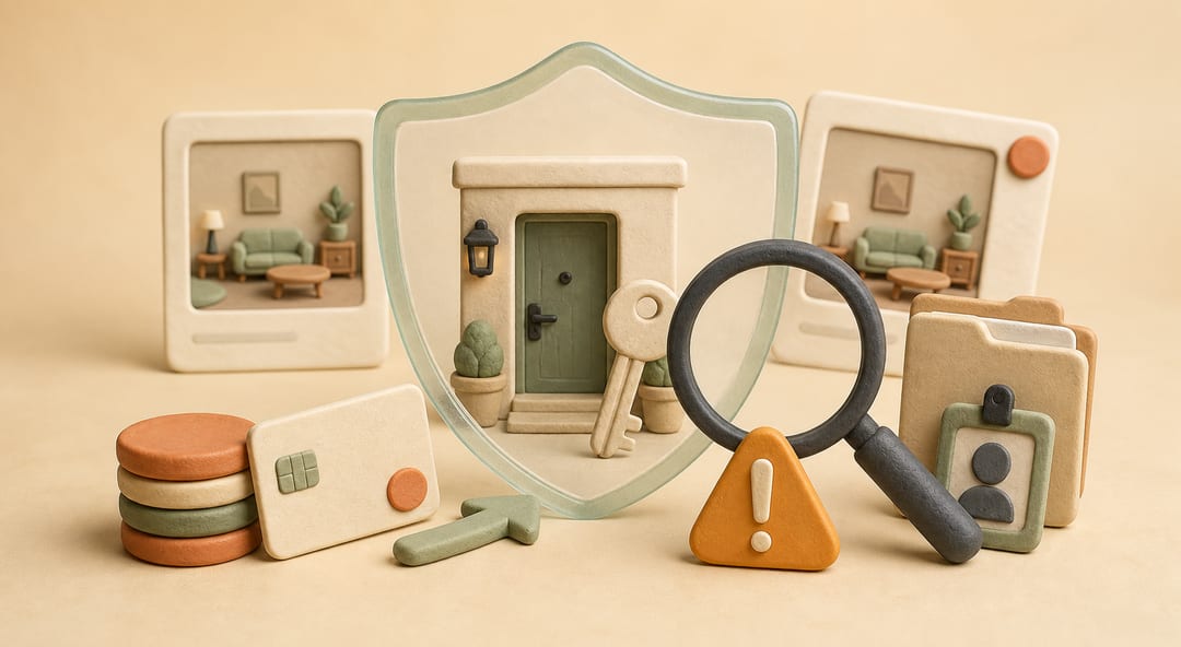 Clay illustration of an apartment, key and payment being stopped for identity and rental-authority verification