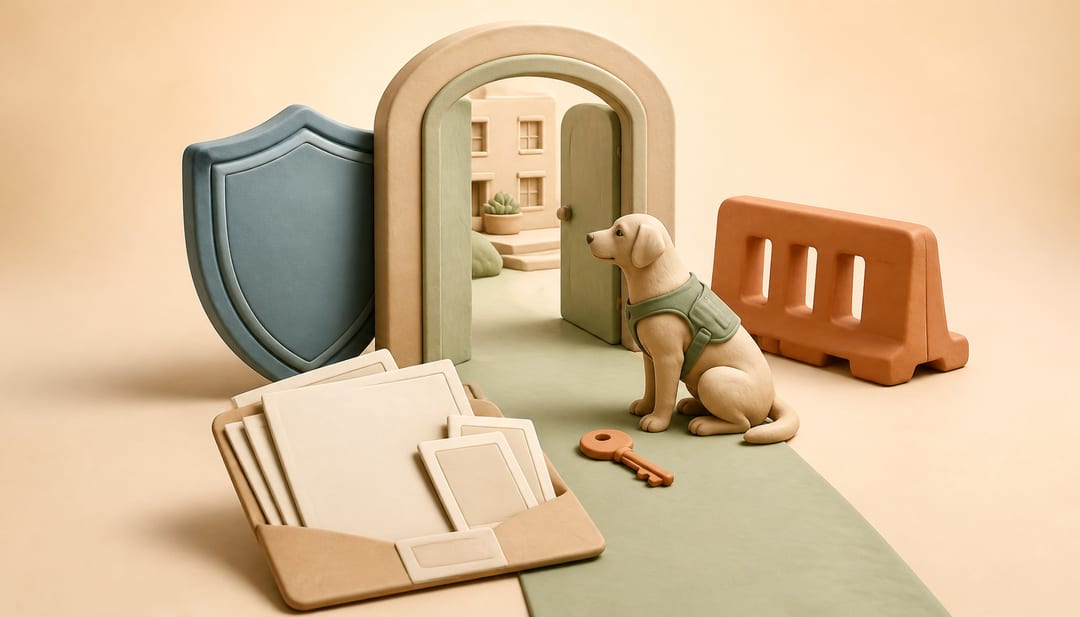 Soft clay illustration of a trained dog beside an open apartment doorway, key, evidence folder, protective shield and a moved-aside barrier