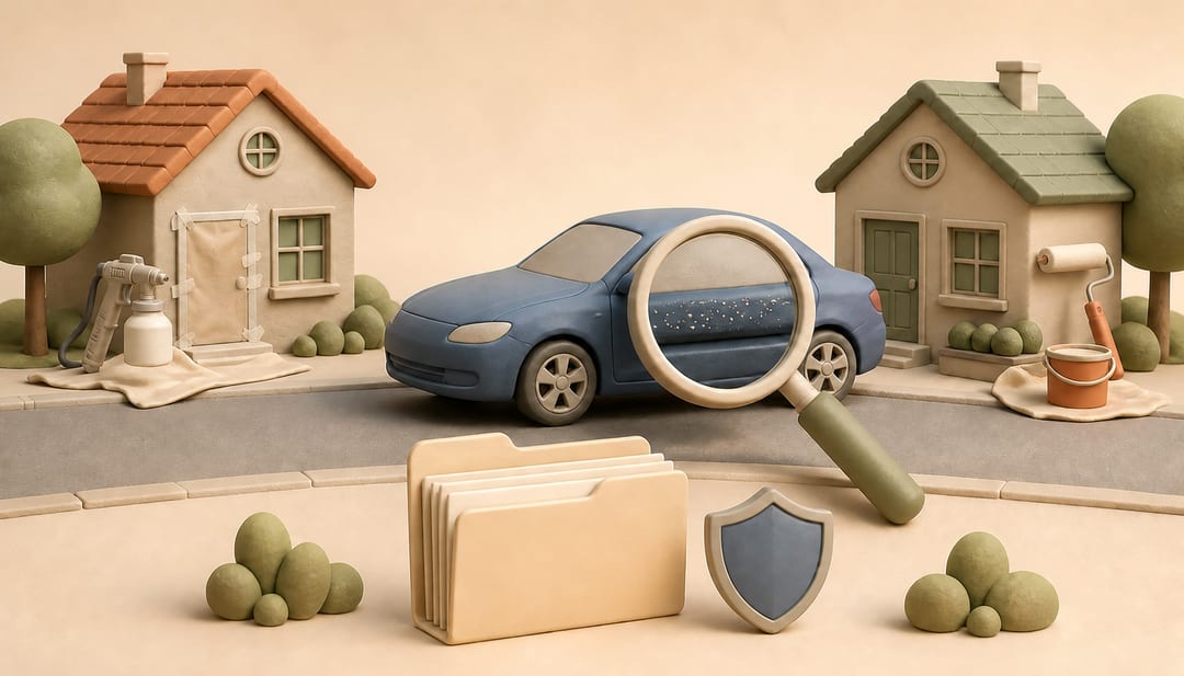 Soft clay illustration of two nearby painting projects, a parked car with tiny paint specks, a magnifying glass, evidence folder and insurance shield