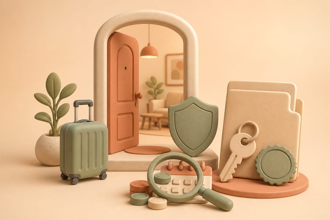 Soft clay illustration of an apartment doorway, waiting suitcase, lease folder, key, calendar, payment tokens, magnifying glass and protective shield