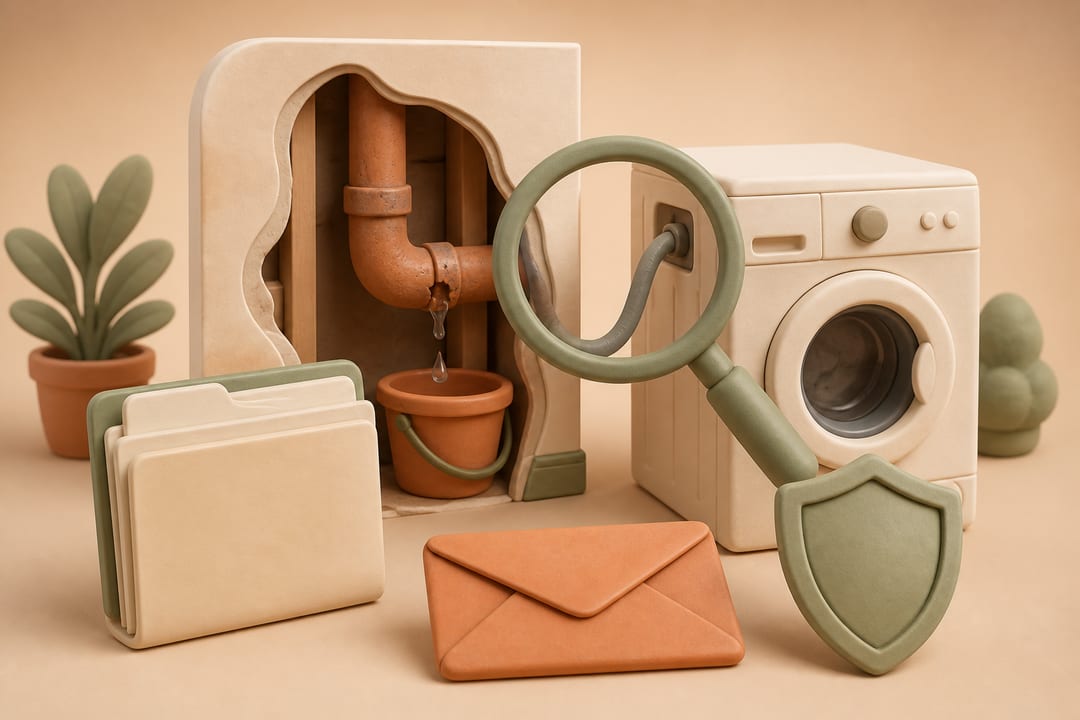 Soft clay illustration of a washing machine beside a cutaway wall with a leaking pipe, magnifying glass, evidence folder, sealed envelope and protective shield