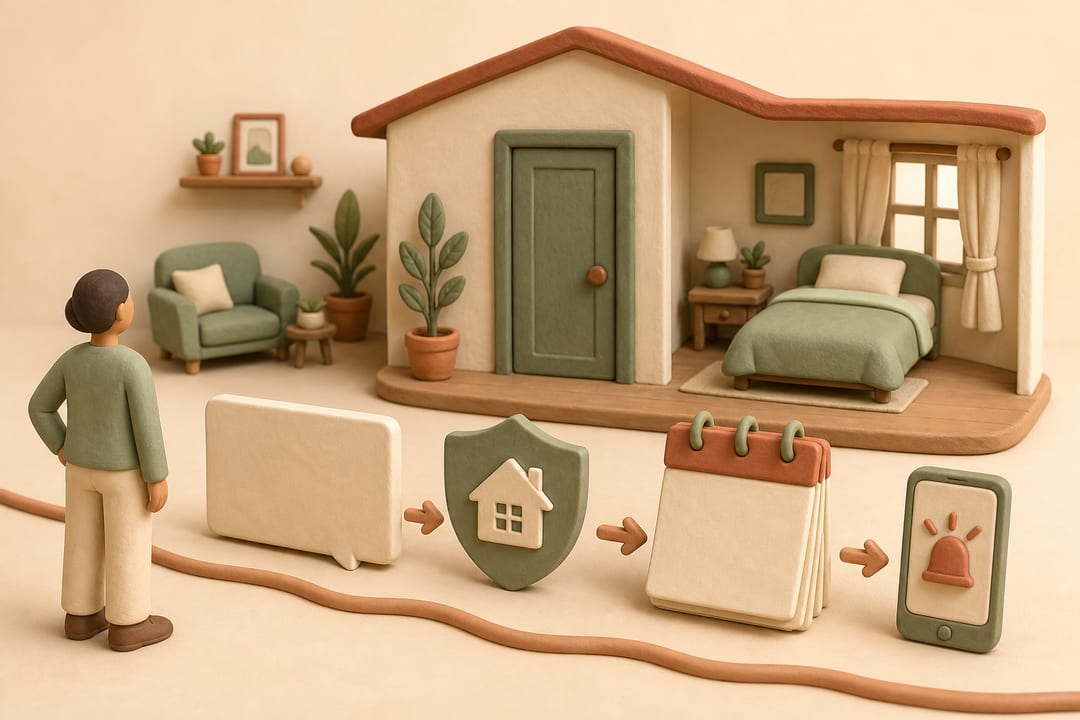 Soft clay illustration of a host respecting a guest-room boundary while following a sequence of written communication, house rules, calendar review and emergency escalation