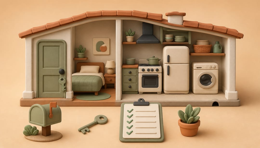 Soft clay cutaway of a shared California house with a private bedroom, kitchen, laundry, mailbox, key and inspection checklist