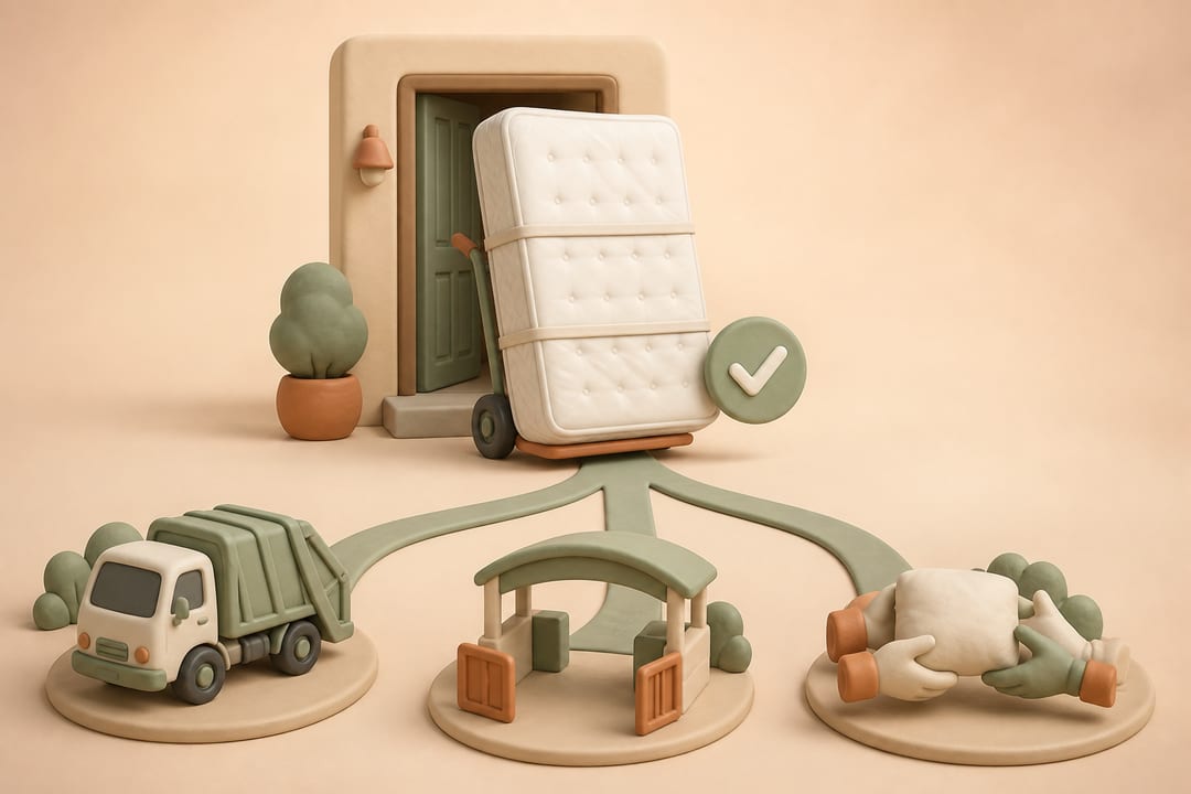 Soft clay illustration of a wrapped queen mattress leaving an apartment with paths to city pickup, resident drop-off and reuse