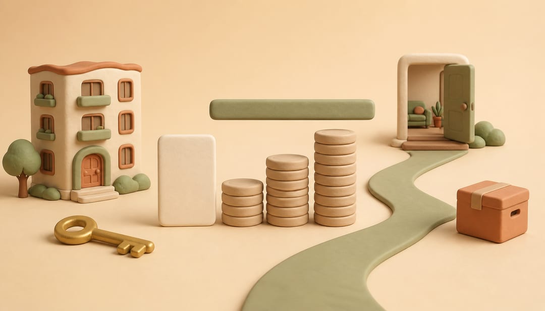 Soft clay illustration of a Bay Area apartment renewal with rising coin stacks beneath a green cap and paths toward a doorway or moving box