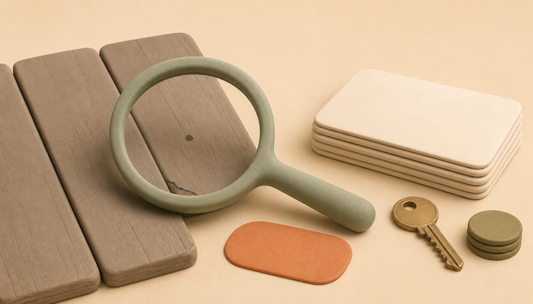 Soft clay illustration of localized floor marks examined with a magnifying glass beside blank deduction records, a key and security-deposit coins