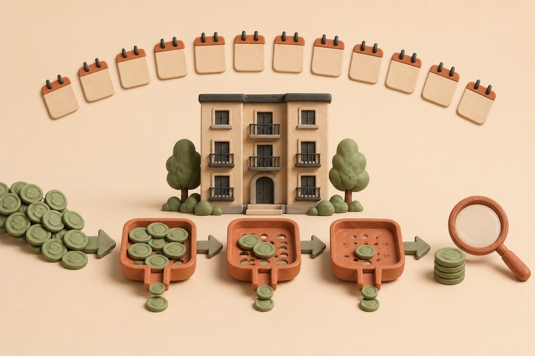 Clay illustration of rent coins passing through operating-cost, debt-service and capital-reserve filters beneath a twelve-month calendar