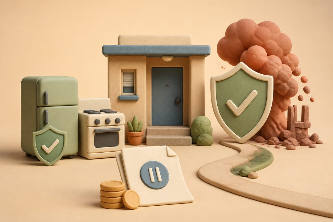 Clay illustration of a California apartment protected by appliance and disaster shields, with a paused rent document representing limited eviction relief