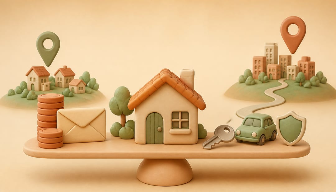 Soft clay illustration of a house balancing income, commuting, insurance and emergency reserves between two different local housing markets