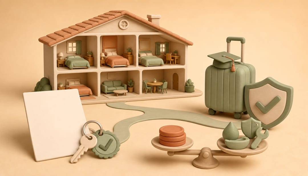 Soft clay illustration of a large shared house, an approved lease, a student suitcase, a screening shield and a balance of rent against operating costs