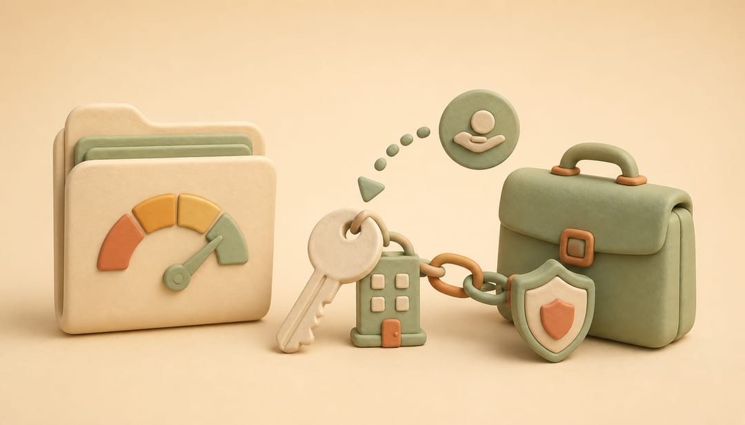 Soft clay illustration of a California rental application, apartment key, employer briefcase, credit gauge and guaranty shield