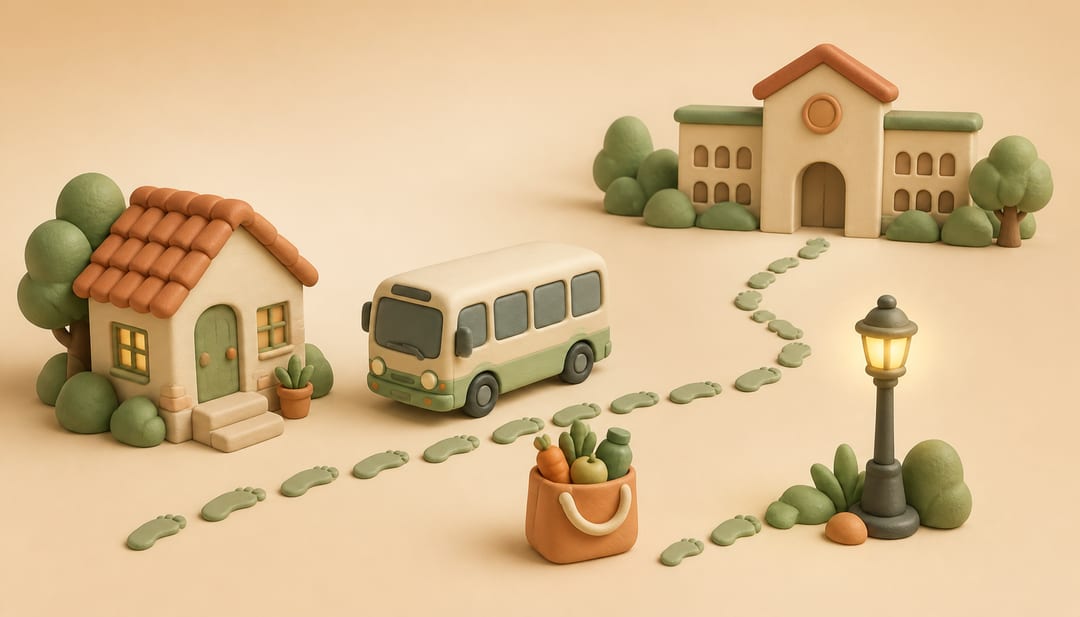Soft clay illustration of a rental home connected by a walking route and city bus to a Los Angeles school, grocery bag and streetlamp