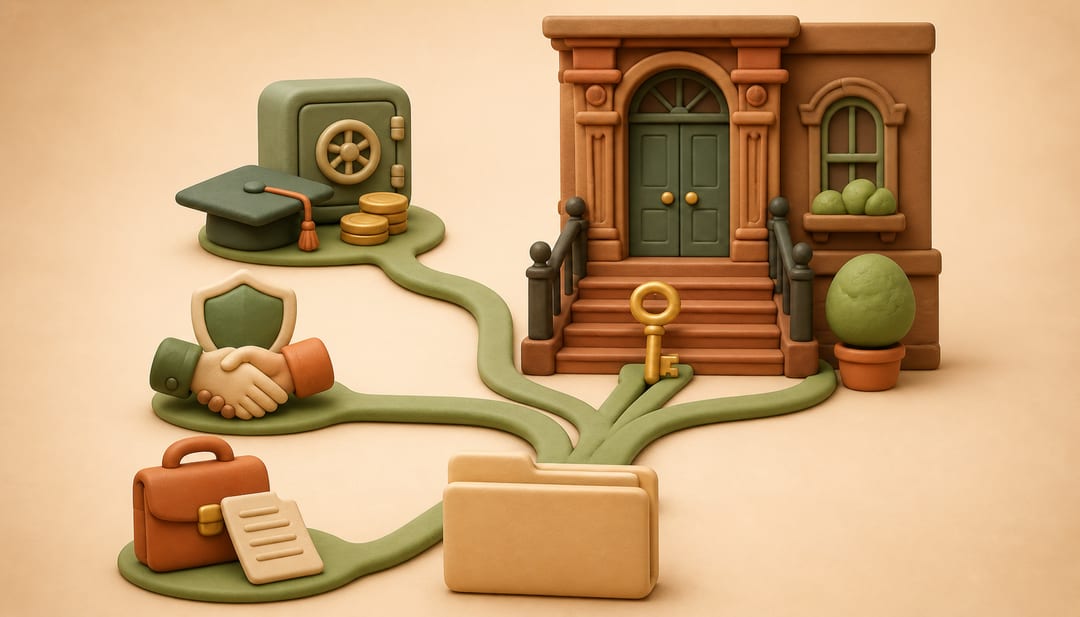 Clay illustration of three documented rental qualification paths—assets, guaranty and employment—merging into a key for a New York brownstone