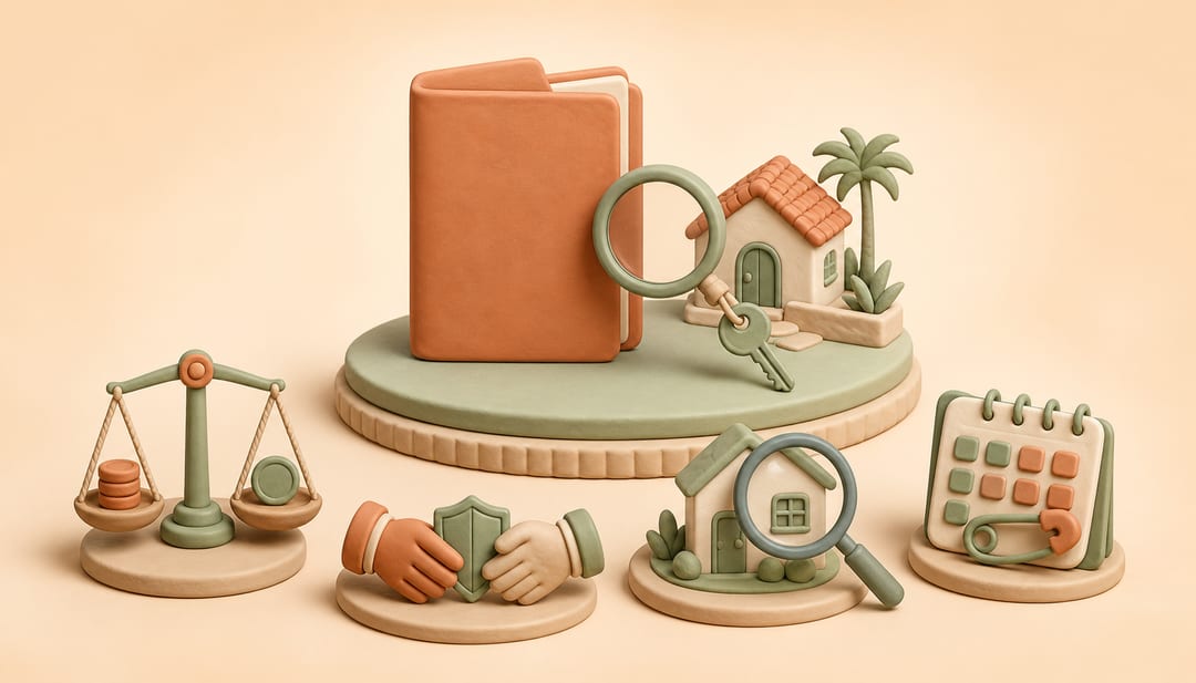 Clay buyer agreement, house key, compensation scale, agency shield, inspection lens and contingency calendar