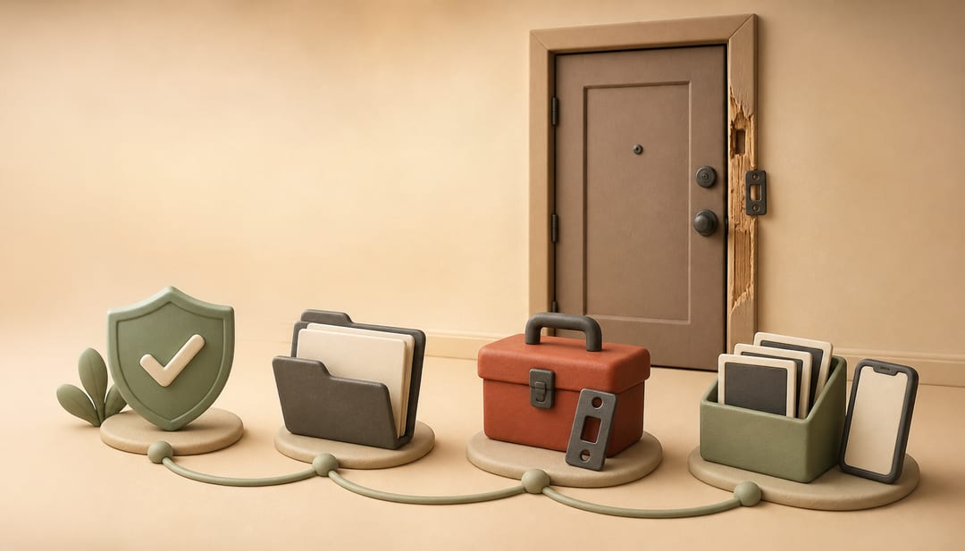 Soft clay illustration of a damaged apartment door, safety shield, incident folder, repair toolbox and organized evidence cards
