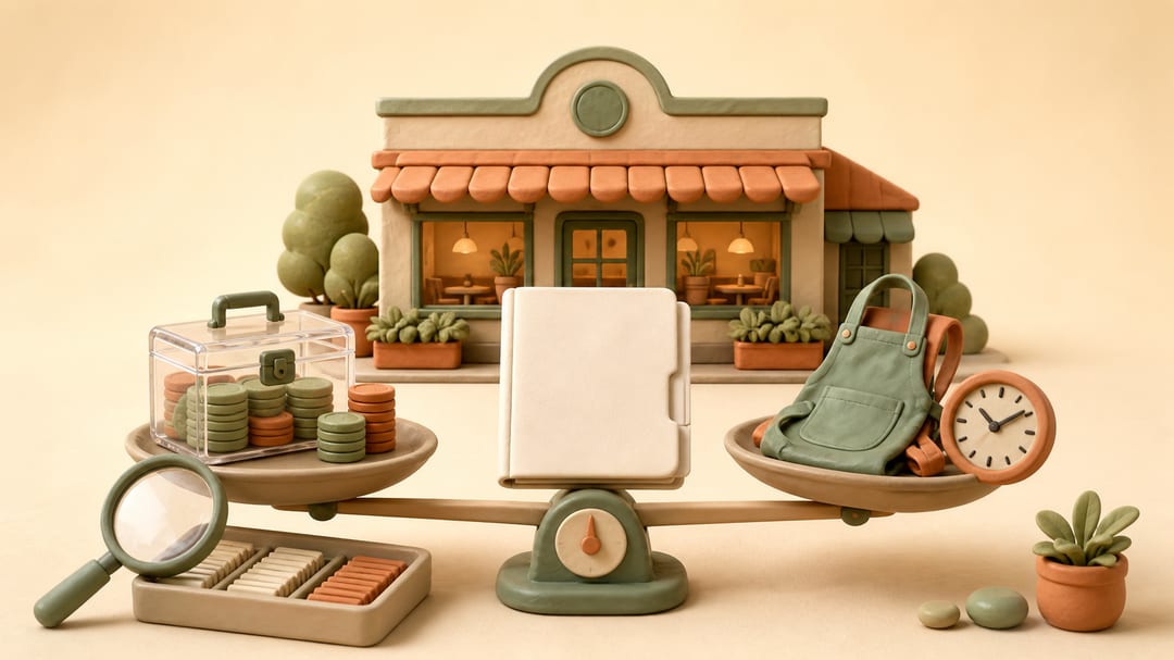Clay restaurant with investment funds and a work apron on opposite sides of a scale, plus a magnifying glass over business records
