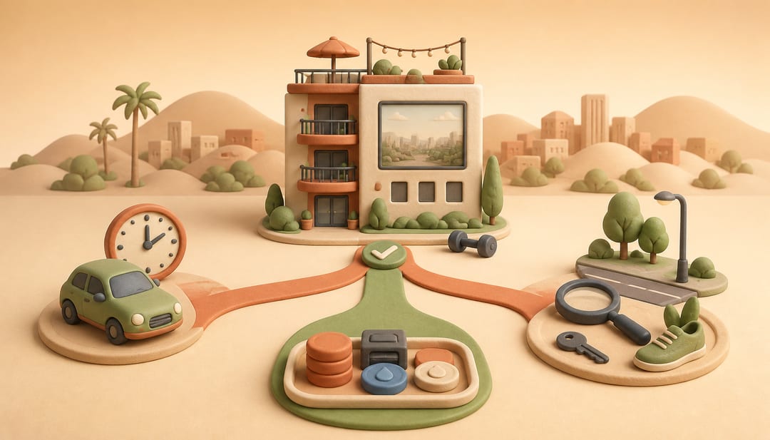 Clay illustration of a Los Angeles apartment connected to commute, monthly-cost and street-inspection checkpoints