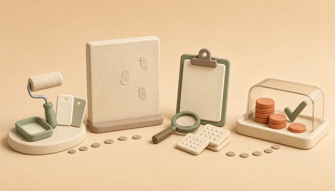 Soft 3D illustration of wall marks, a repair roller, a magnifying glass and protected security-deposit tokens