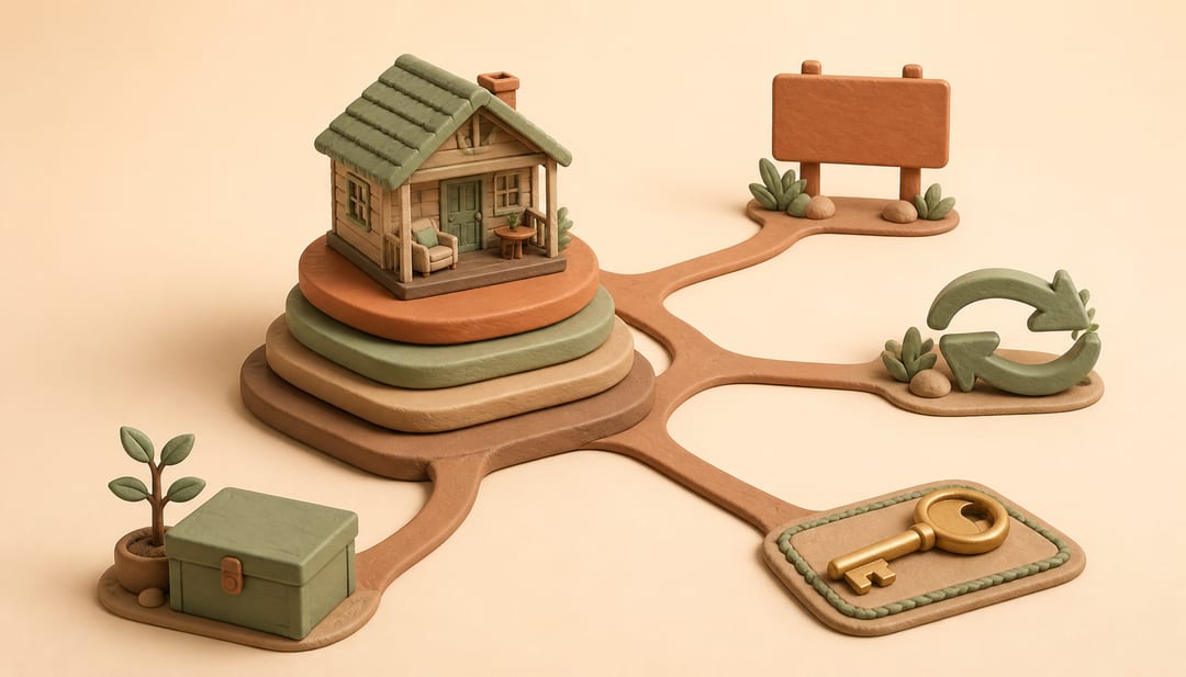 Clay illustration of a furnished short-term rental branching toward a sale sign, exchange arrows, a home key and an inheritance box