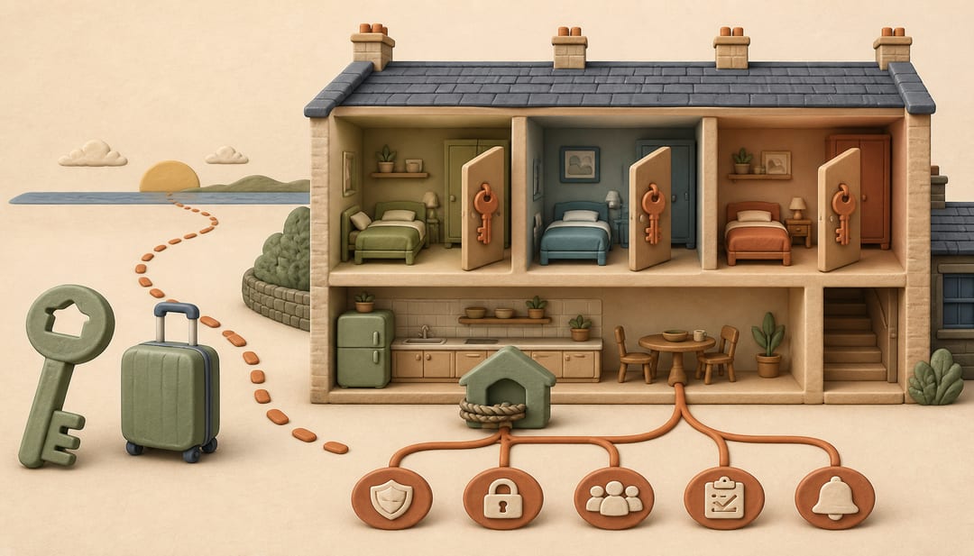 Clay cutaway of an English house with three separately keyed bedrooms, a shared kitchen, and the homeowner’s key and suitcase following a path abroad