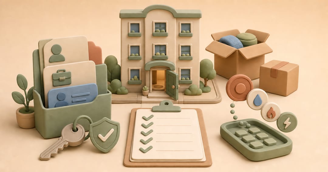 Wide clay illustration of an apartment, application folder, verified key, cost calculator, packages and move-in checklist