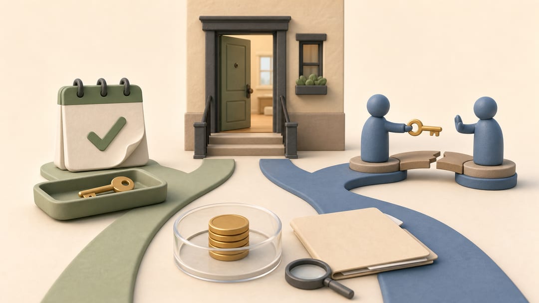 Clay illustration separating a normal lease-end key return from a failed replacement-tenant handoff, with deposit coins and an evidence folder in the foreground
