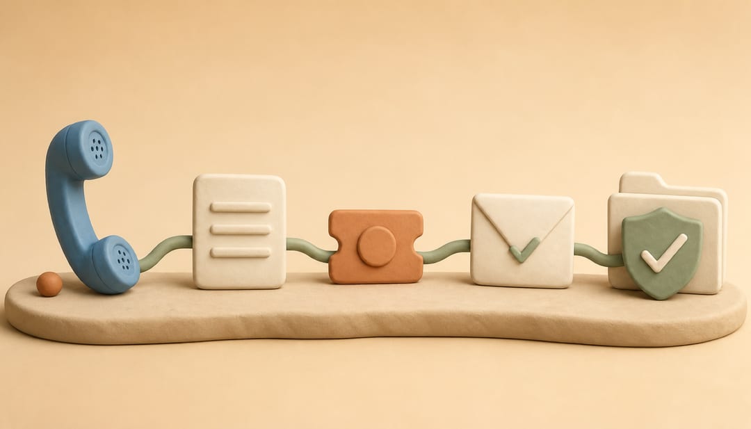 Clay-style illustration of a customer-service call becoming an organized timeline, confirmation record, and completed follow-up