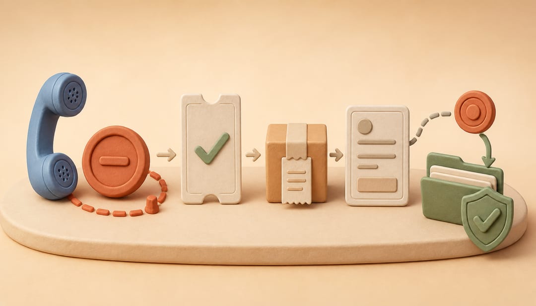 Clay-style illustration of a phone cancellation followed by confirmation, equipment return, final billing, and a resolved account record