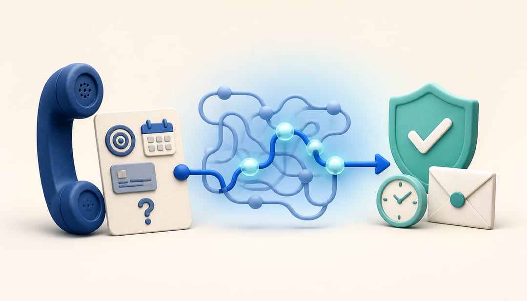 Clay-style illustration of a prepared call brief guiding a complicated phone path toward a confirmed result