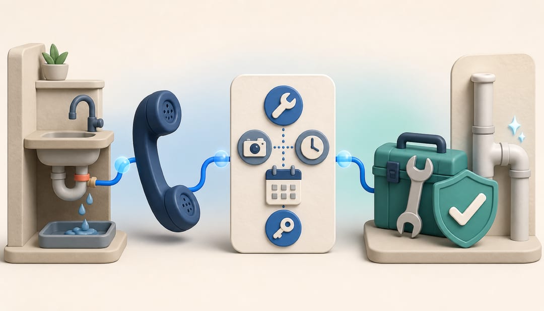 Clay-style illustration of a leaking apartment fixture being reported by phone, converted into a tracked work order, and verified as repaired