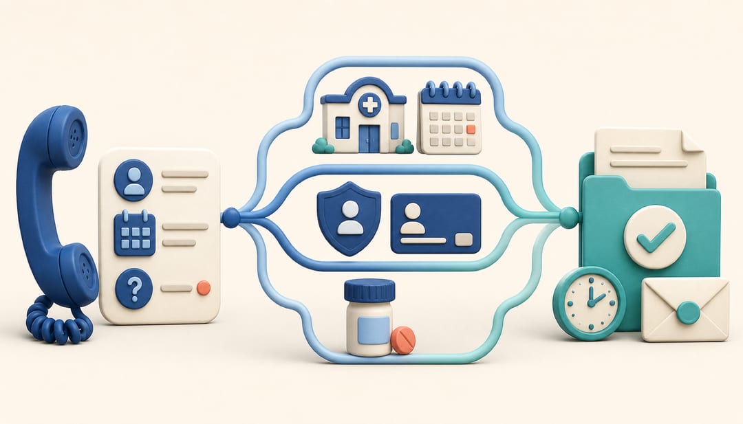 Clay-style illustration of one prepared phone call branching to a medical office, health insurer, and pharmacy before reaching written confirmation