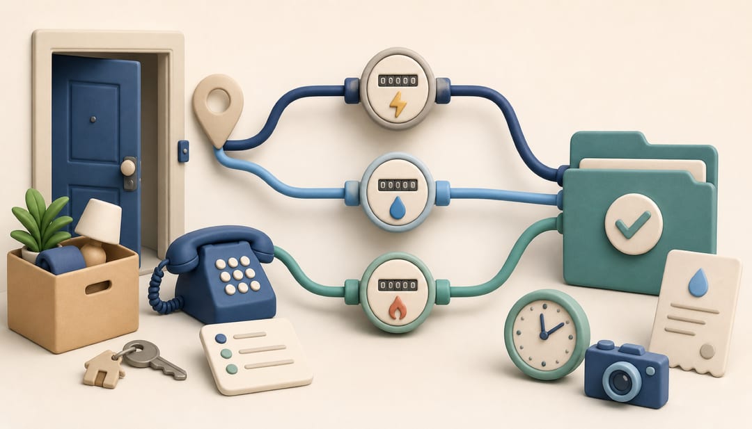 Clay-style illustration of a household move connecting separate electricity, water, and gas meters to a confirmed utility-service record