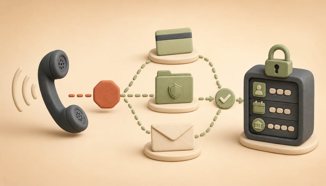 Clay-style illustration of an unexpected phone call being routed through independent verification before reaching protected identity information