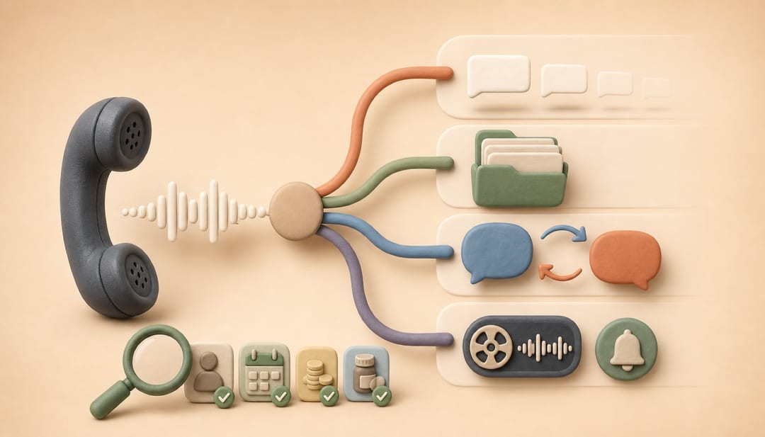 Clay-style illustration separating one phone call into live captions, a saved transcript, language translation, and recorded audio