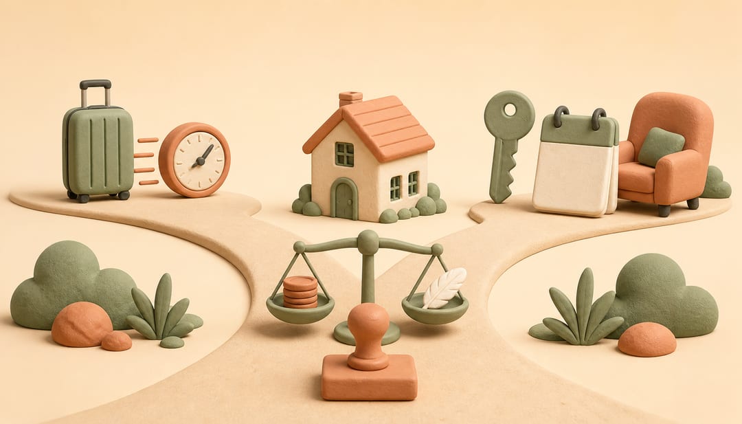 Clay illustration of a rental home at a fork between short-stay luggage and a key, calendar and armchair for longer rentals
