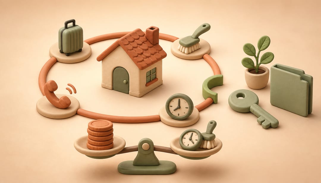 Clay illustration of one rental home inside a loop of luggage, cleaning, calls and time, with an exit toward a long-term rental key