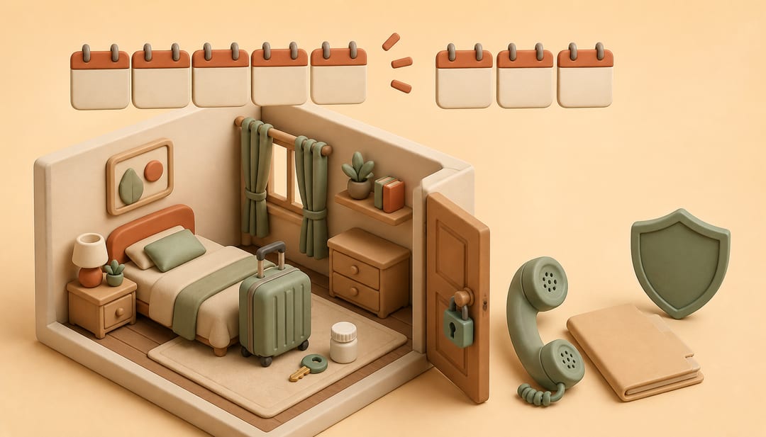 Isometric private room with a locked door, suitcase, key, medicine container and a broken row of calendar tiles beside a phone and documents