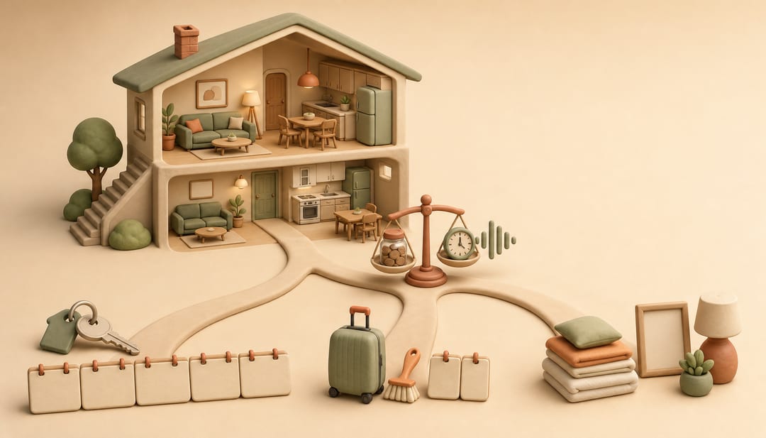 Clay cutaway of a two-level house whose basement branches toward a long-term key and calendar, short-stay suitcase and cleaning brush, or folded guest linens