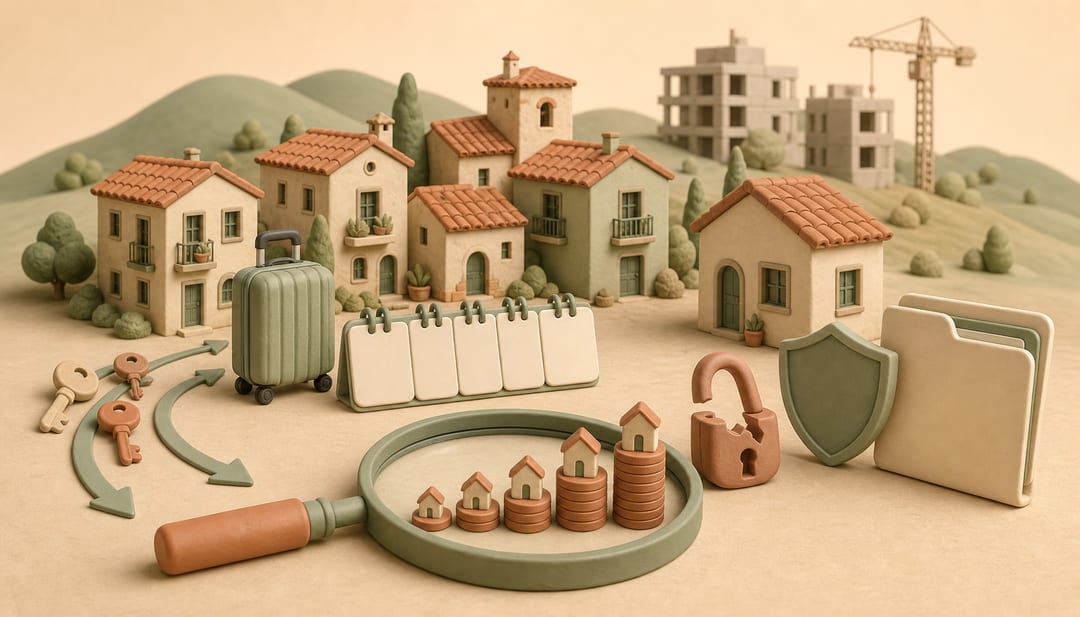 Clay Spanish town with house keys leading to a suitcase and blank calendar on one side, a symbolic broken padlock and legal folder on the other, and housing costs under a magnifying glass