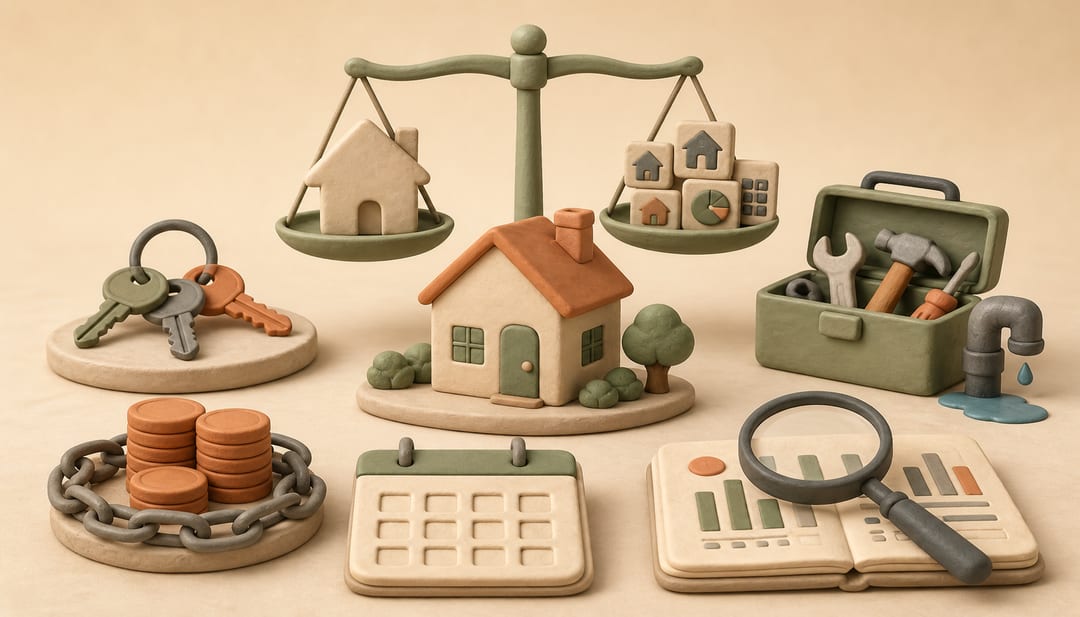 Clay rental house surrounded by keys, financed coins, a repair toolbox, vacancy calendar and a magnifying glass over a blank financial ledger