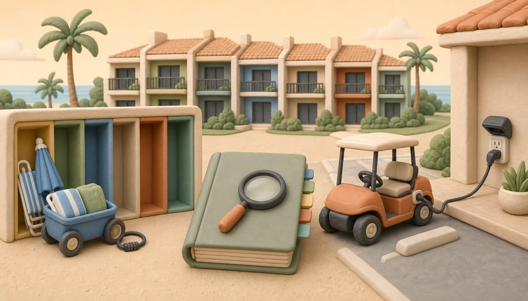Clay Florida condo with six-part beach storage, locked chairs and cart, a declaration binder, and a golf cart connected to an outdoor outlet