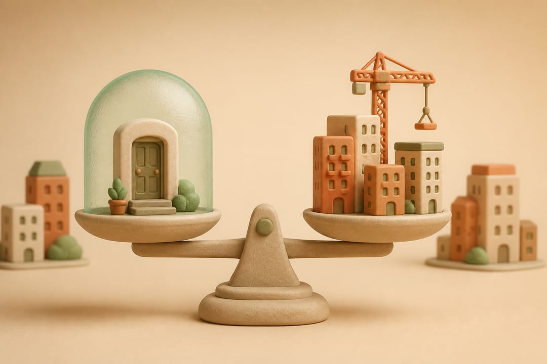 Clay balance scale weighing a protected apartment doorway against new apartment buildings and a construction crane