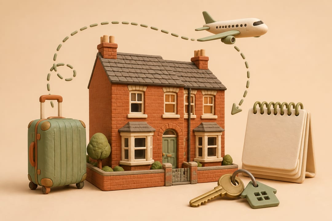 Clay English terraced house with a suitcase, returning aeroplane route, blank calendar and house keys