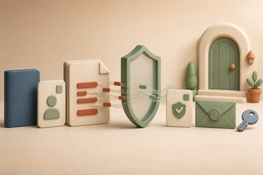 Identity and employment documents passing through a privacy shield before a renter receives an apartment key