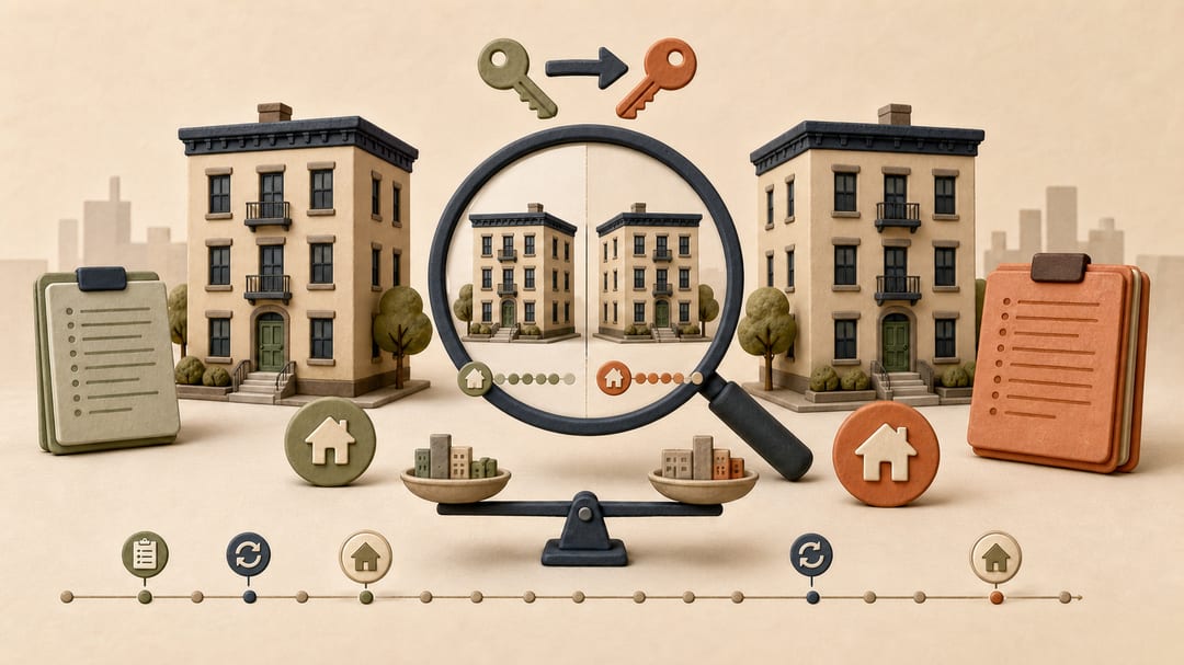 Two similar apartment buildings with different ownership and property-tax histories compared through a magnifying glass and an unlabeled rent-reset timeline