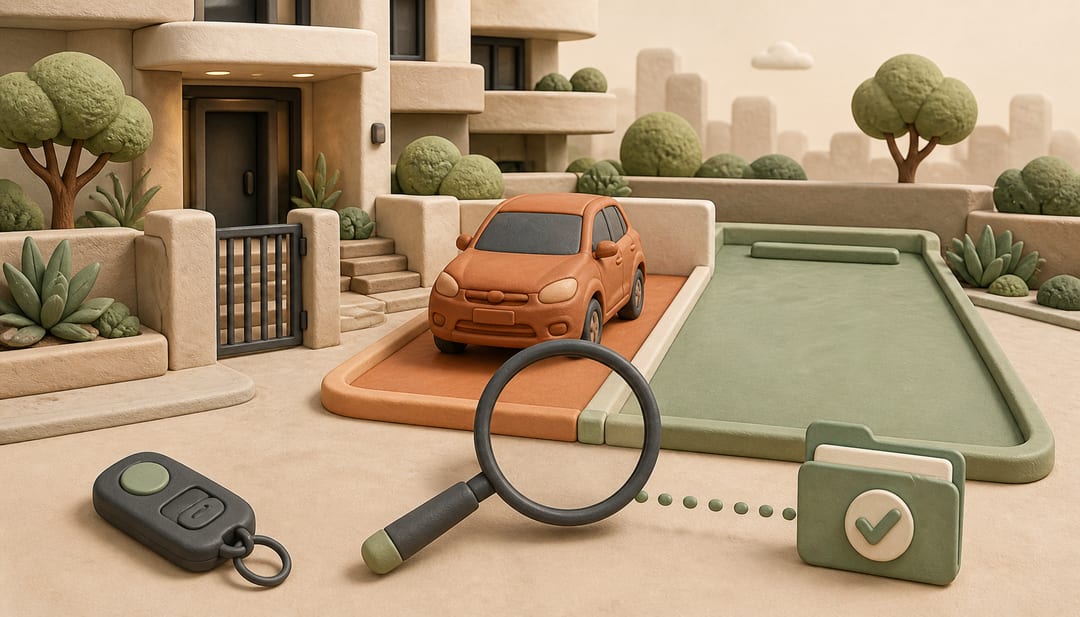 Clay condominium parking area with a car in one assigned bay, an empty adjacent bay, a key fob, magnifying glass and verified property folder