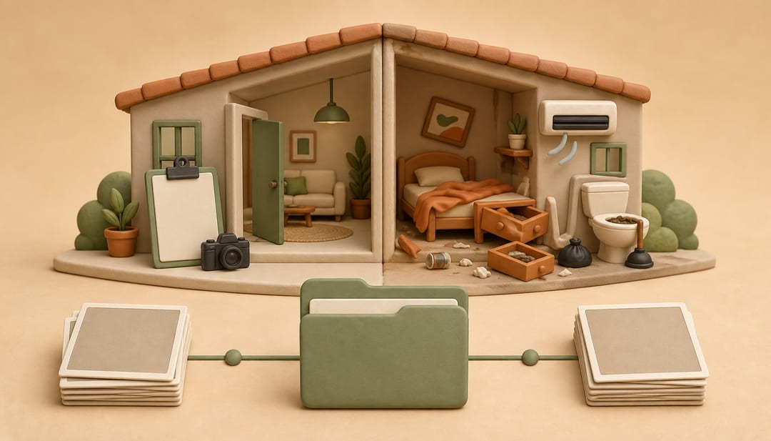 Clay cutaway rental home separating an official inspection scene from a messy checkout scene, with evidence files in front