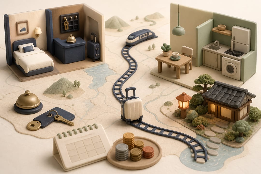 Clay travel map comparing a compact staffed hotel, an apartment with a kitchen and washer, and an optional traditional inn along a Japanese rail route