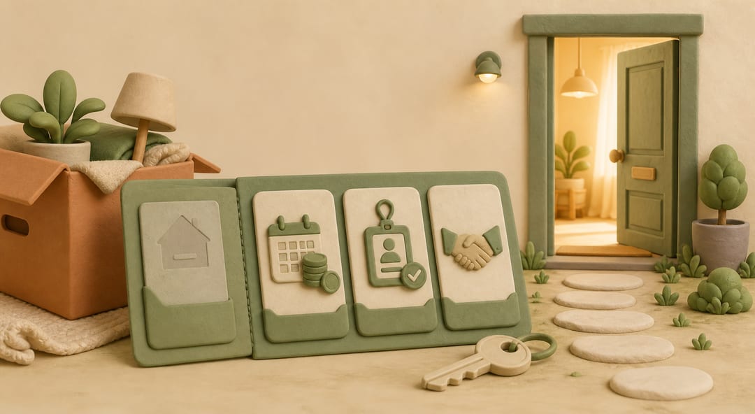 Clay rental application folder combining payment history, employment and character evidence beside a moving box, key and open doorway